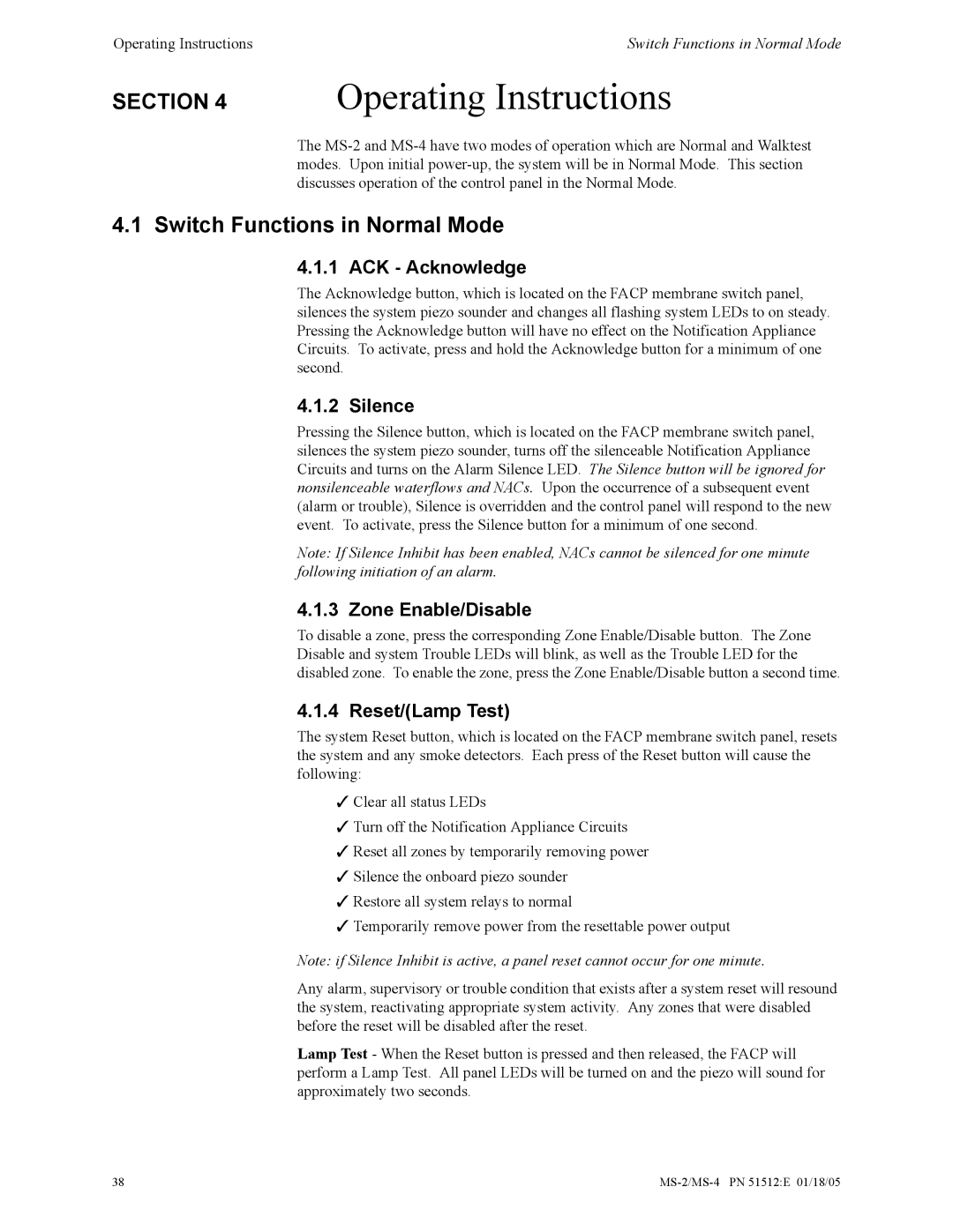 Honeywell MS-2 manual Switch Functions in Normal Mode, ACK Acknowledge, Silence, Zone Enable/Disable, Reset/Lamp Test 