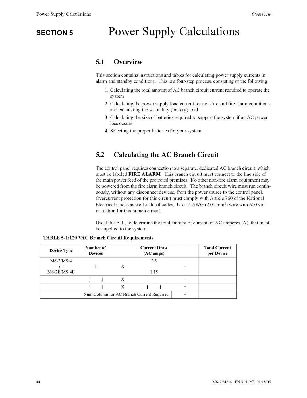 Honeywell MS-2 manual Power Supply Calculations, VAC Branch Circuit Requirements 