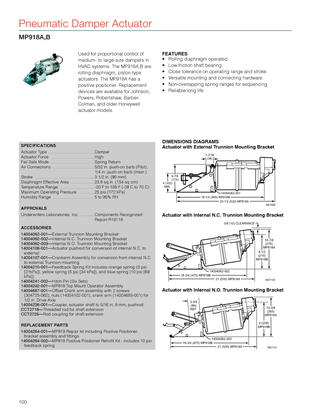 Honeywell MS4103 manual MP918A,B, Actuator with Internal N.O. Trunnion Mounting Bracket, 100 