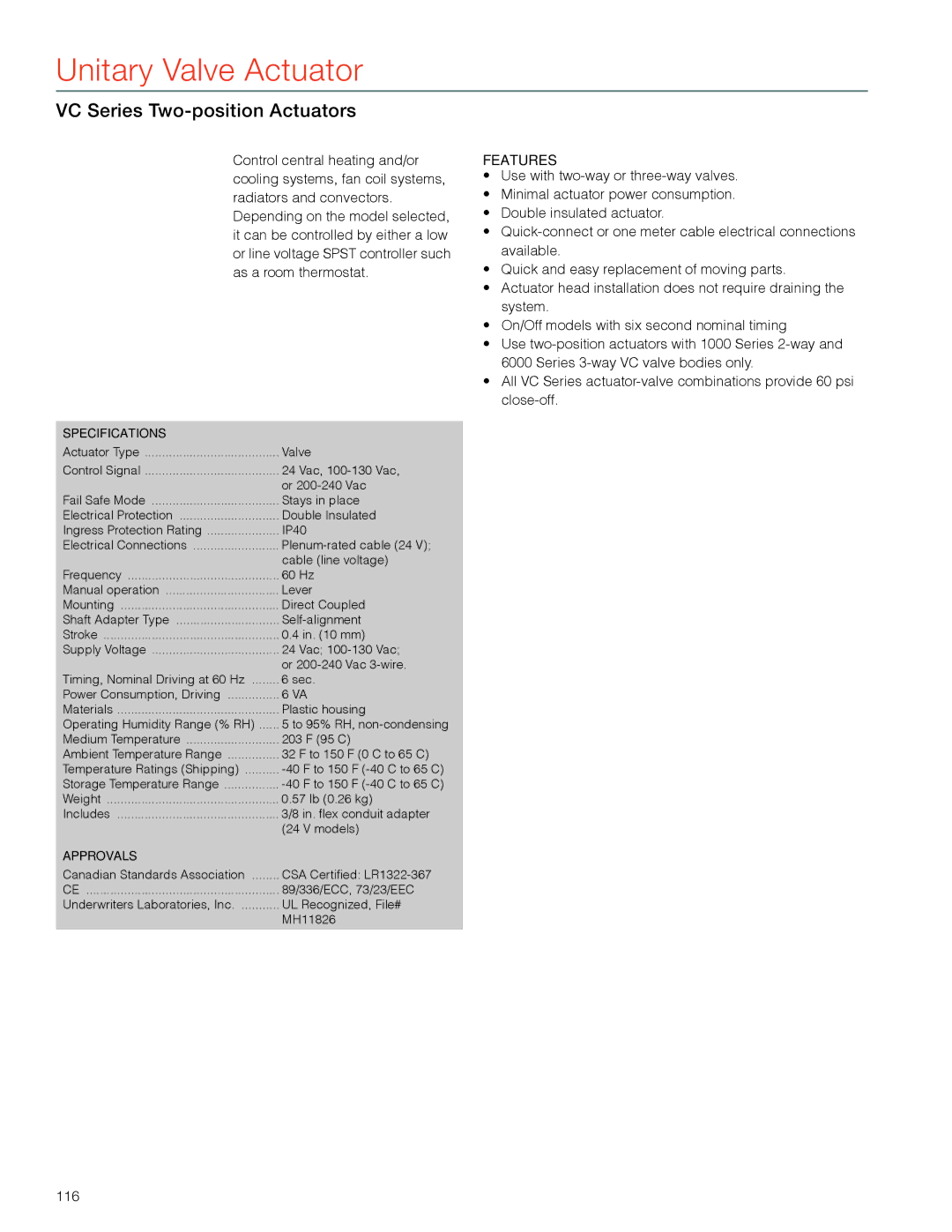 Honeywell MS4103 manual VC Series Two-position Actuators 