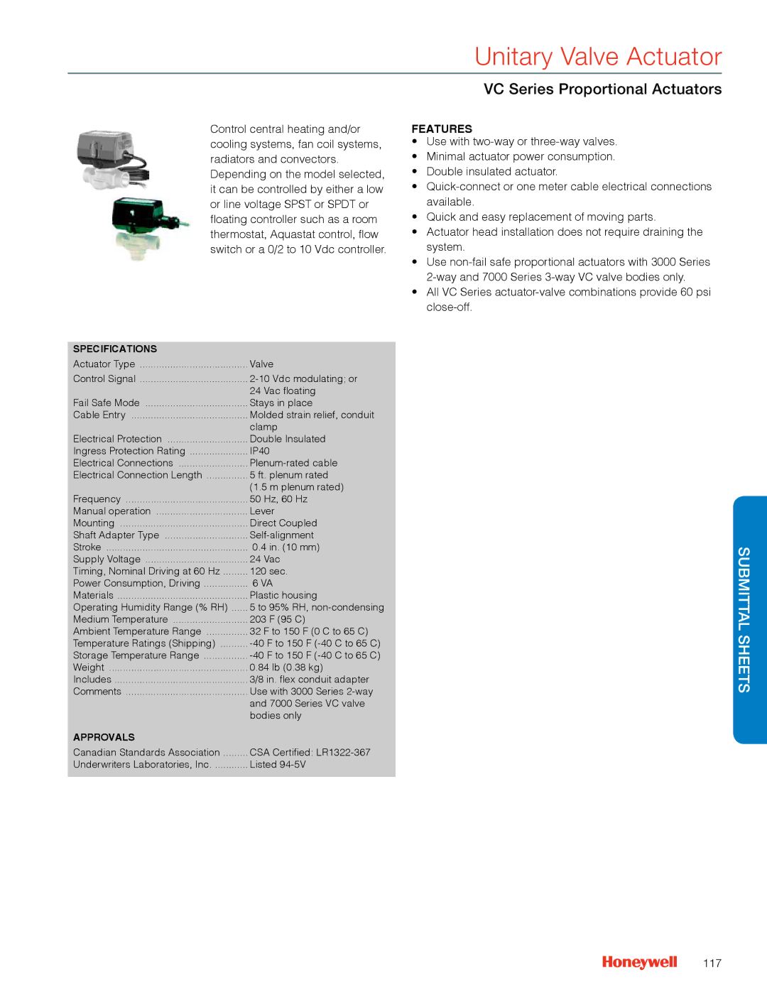 Honeywell MS4103 manual VC Series Proportional Actuators, 117 