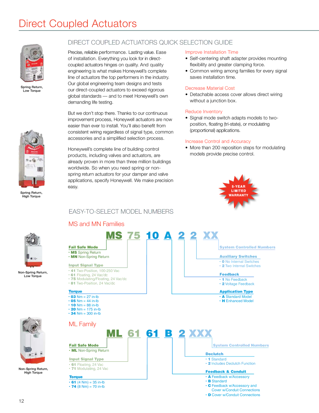 Honeywell MS4103 manual Direct Coupled Actuators, Direct coupled actuators quick selection guide 