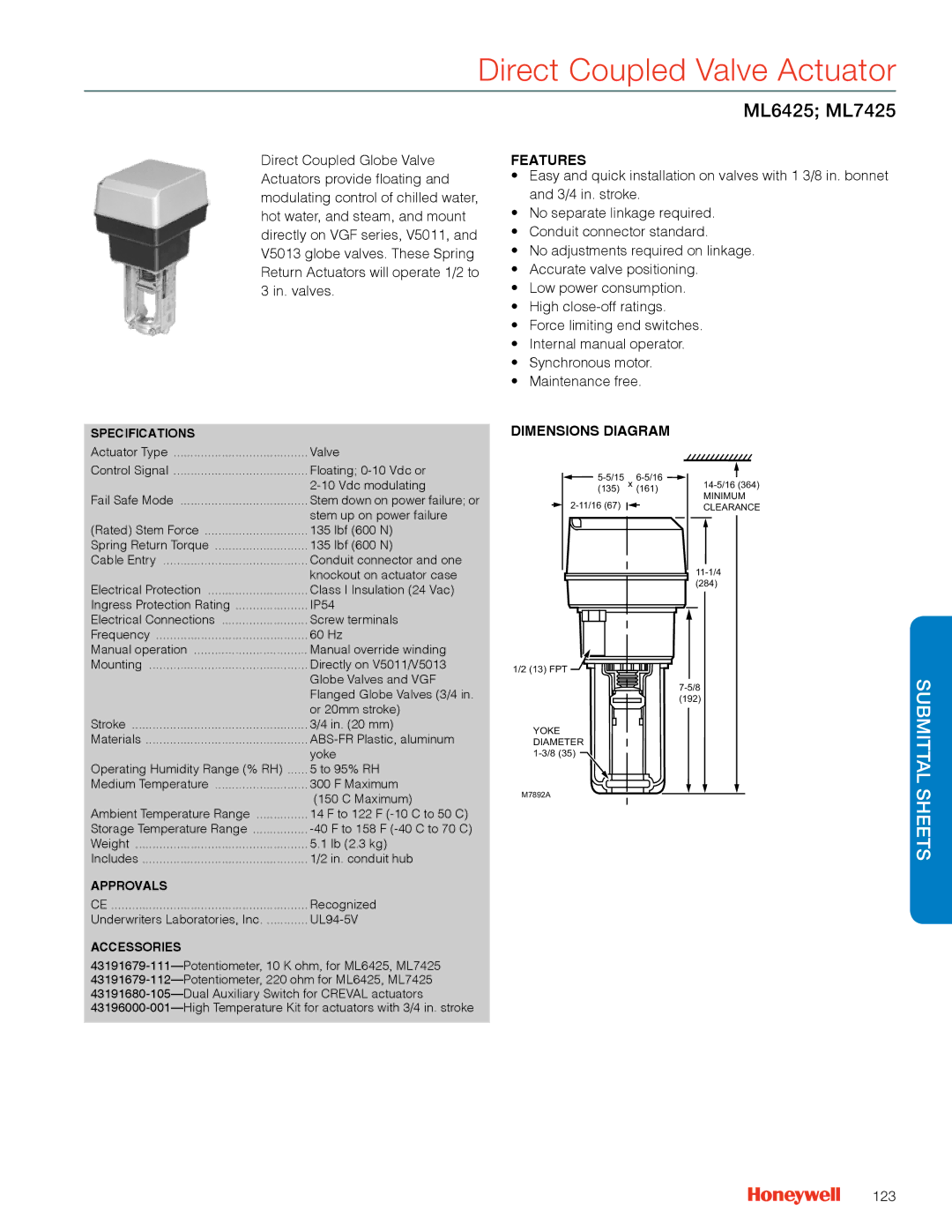 Honeywell MS4103 manual ML6425 ML7425, 123, Stem down on power failure or 