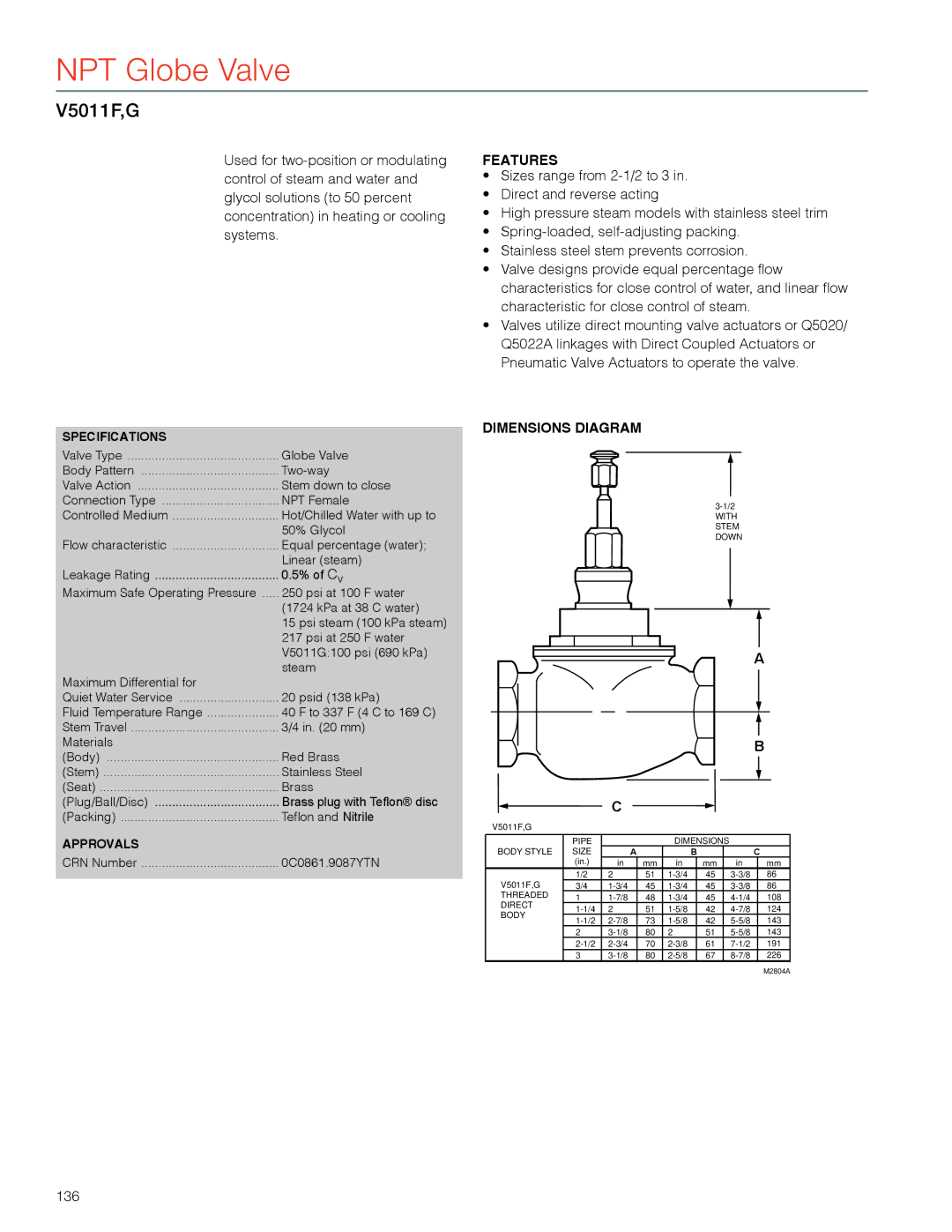 Honeywell MS4103 manual NPT Globe Valve, V5011F,G, 136 