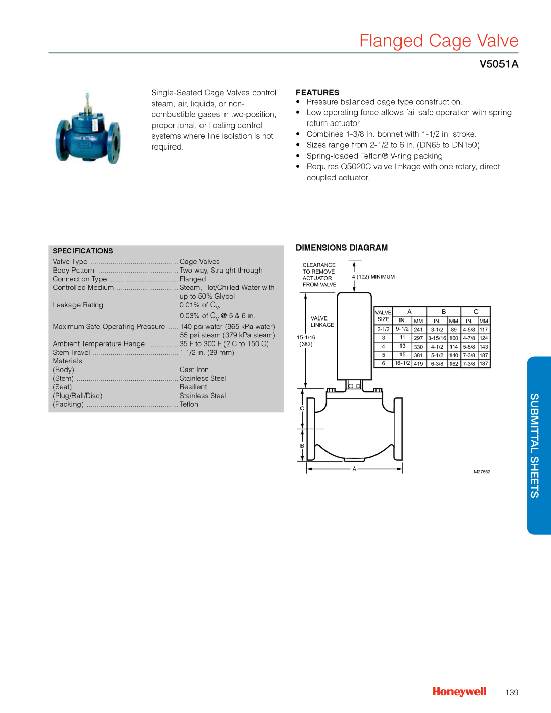 Honeywell MS4103 manual Flanged Cage Valve, V5051A, 139 