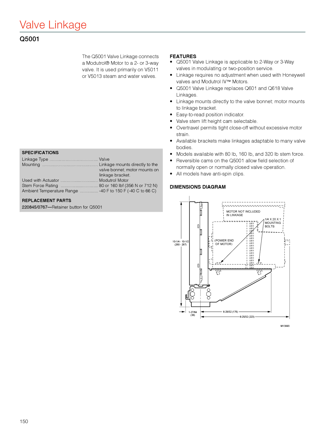 Honeywell MS4103 manual Valve Linkage, Q5001, 150 