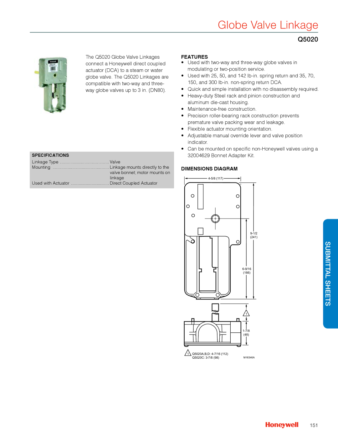 Honeywell MS4103 manual Globe Valve Linkage, Q5020, 151 