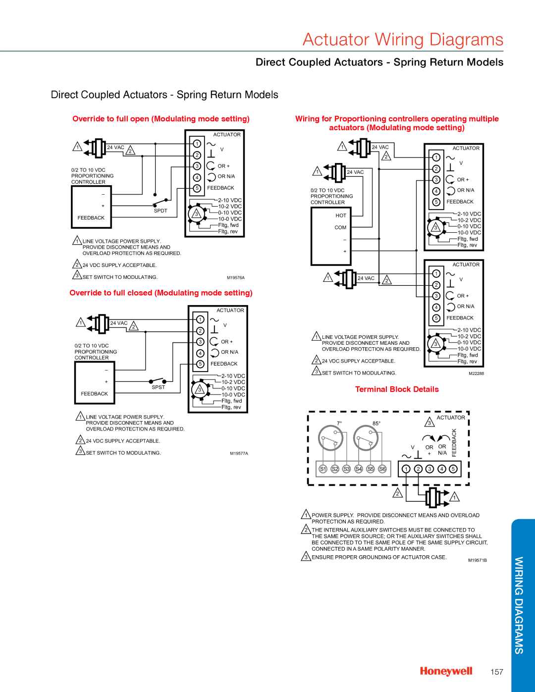 Honeywell MS4103 manual Override to full open Modulating mode setting, Override to full closed Modulating mode setting, 157 