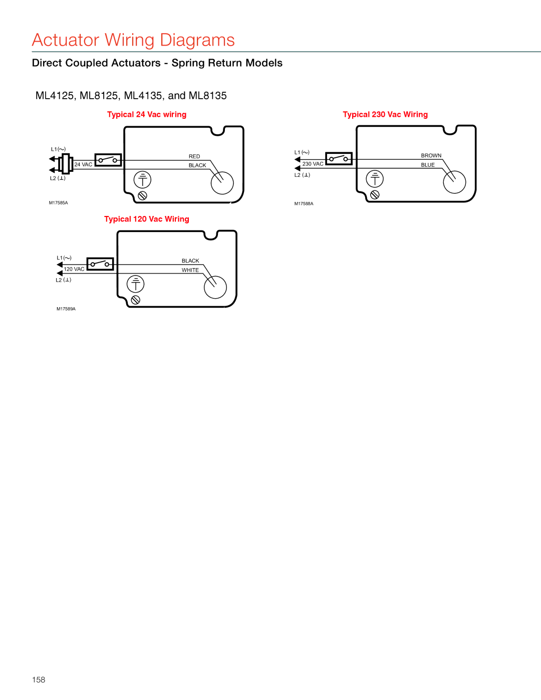 Honeywell MS4103 manual Typical 24 Vac wiring Typical 230 Vac Wiring, Typical 120 Vac Wiring, 158 