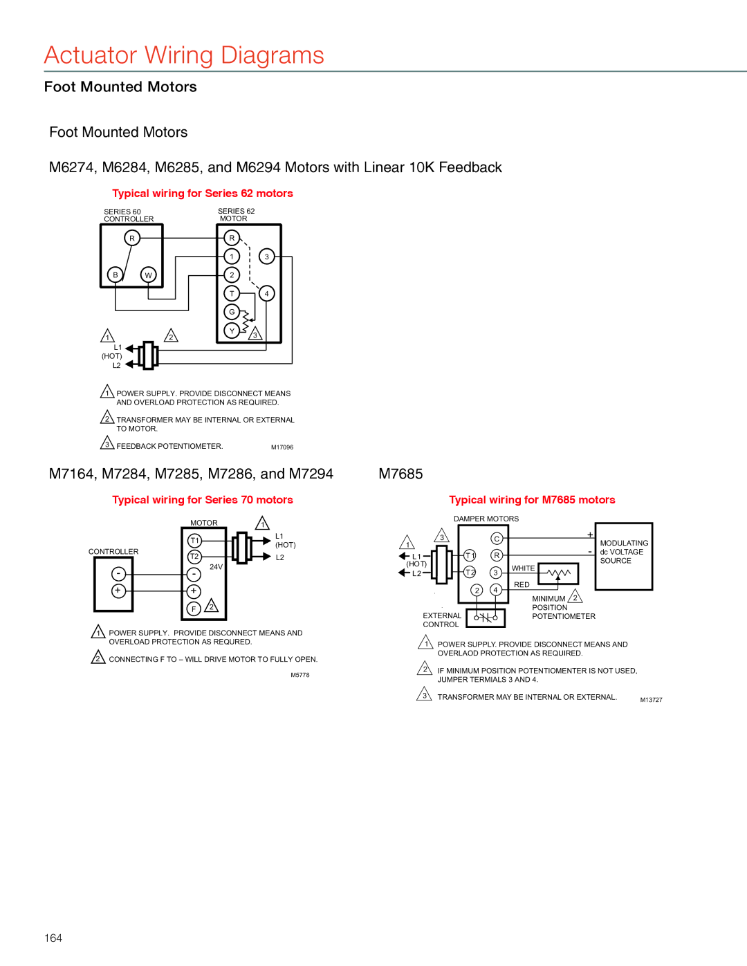 Honeywell MS4103 manual M7164, M7284, M7285, M7286, and M7294, M7685, Typical wiring for Series 70 motors 