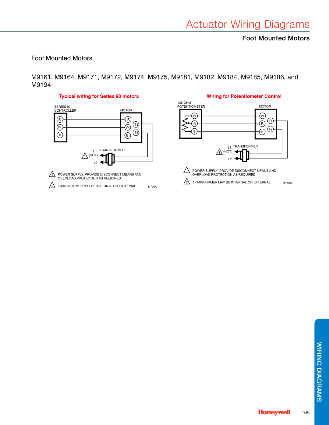 Honeywell MS4103 manual Typical wiring for Series 90 motors, Wiring for Potentiometer Control, 165 