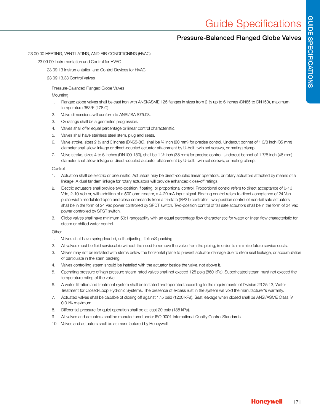Honeywell MS4103 manual Pressure-Balanced Flanged Globe Valves, 171 