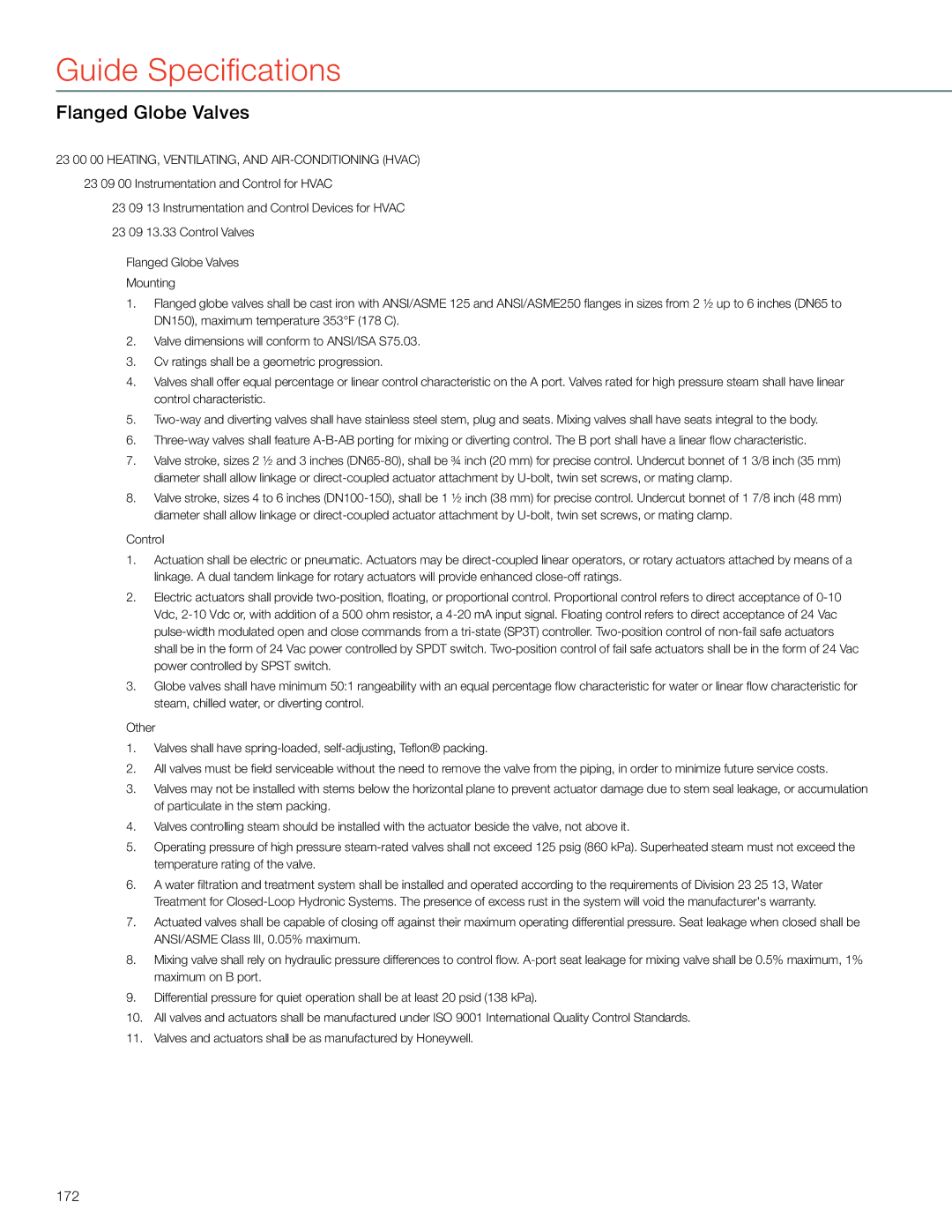 Honeywell MS4103 manual Flanged Globe Valves, 172 