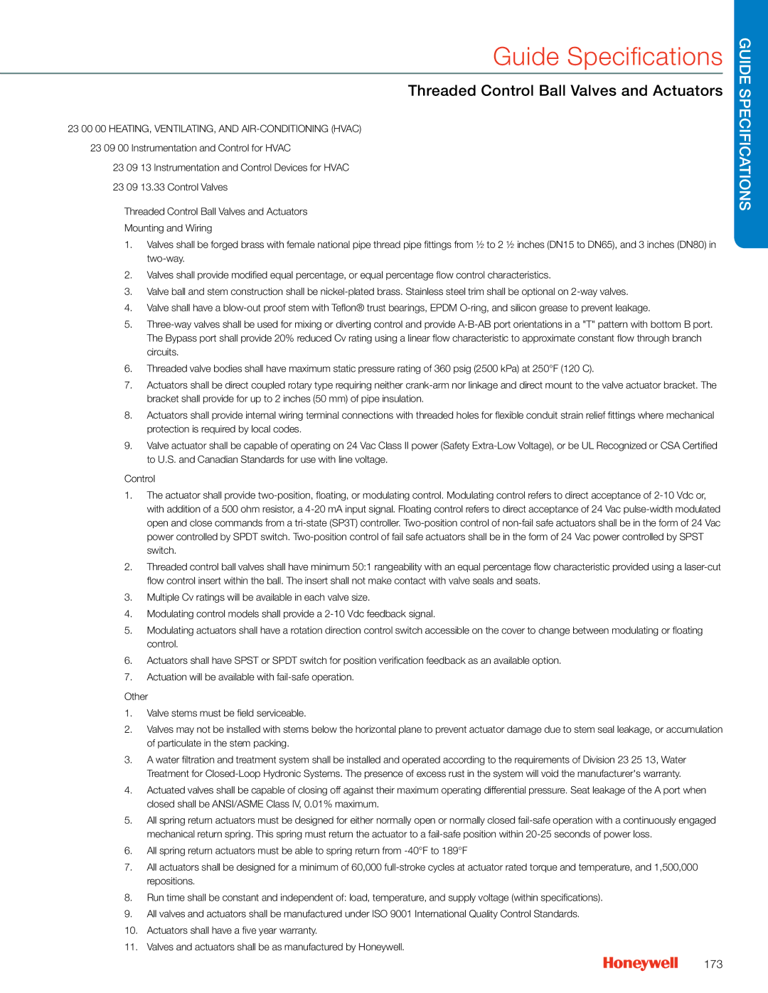 Honeywell MS4103 manual Threaded Control Ball Valves and Actuators, 173 
