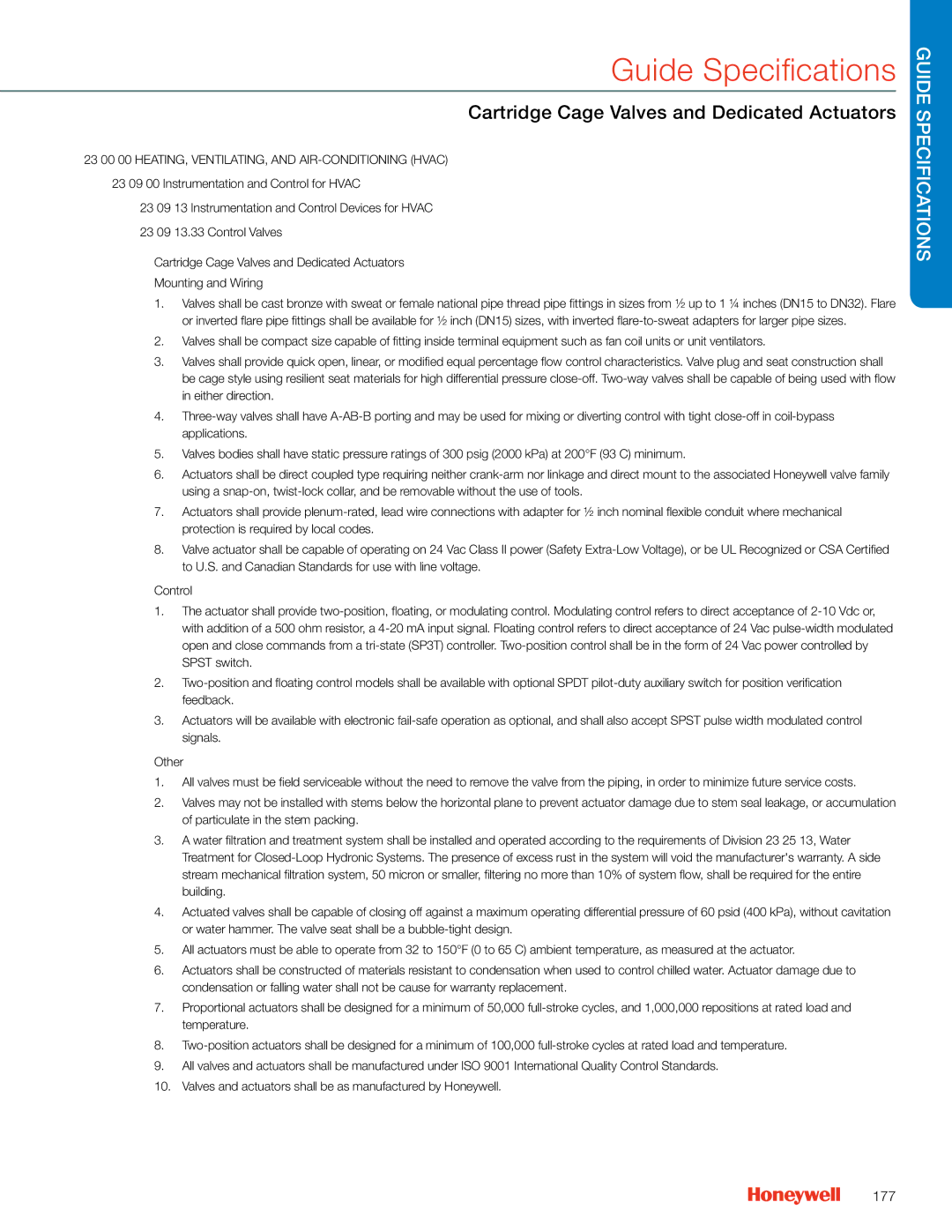 Honeywell MS4103 manual Cartridge Cage Valves and Dedicated Actuators, 177 