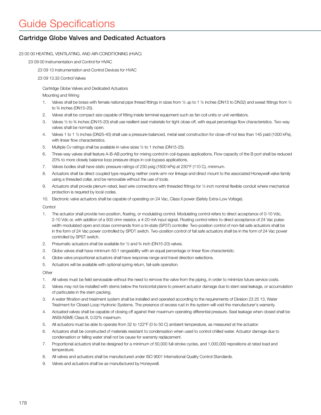 Honeywell MS4103 manual Cartridge Globe Valves and Dedicated Actuators, 178 