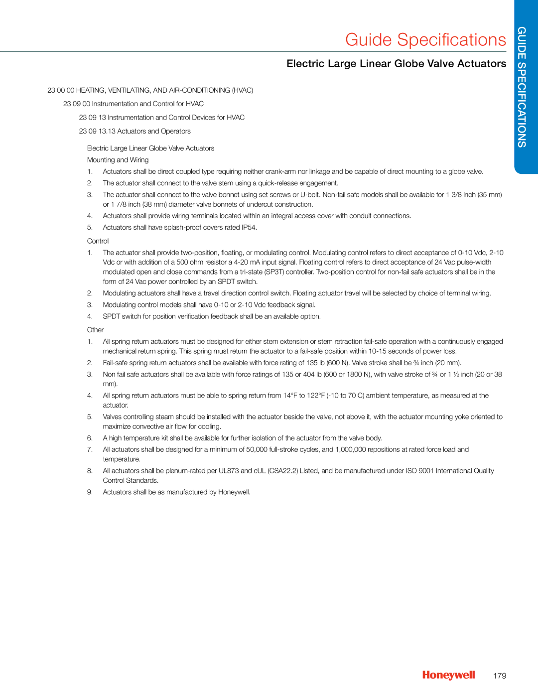 Honeywell MS4103 manual Electric Large Linear Globe Valve Actuators, 179 