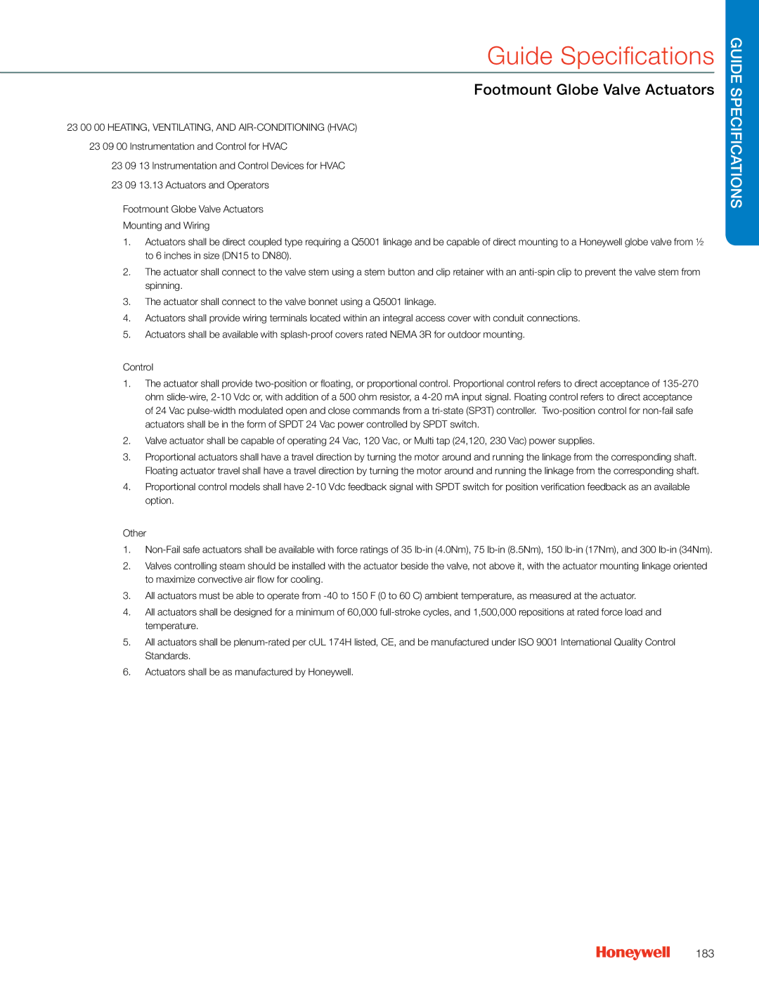 Honeywell MS4103 manual Footmount Globe Valve Actuators, 183 