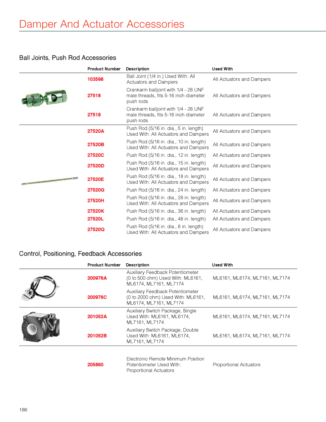 Honeywell MS4103 manual Damper And Actuator Accessories, Ball Joints, Push Rod Accessories 