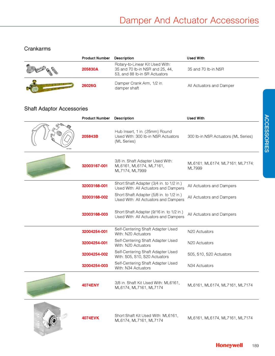 Honeywell MS4103 manual Crankarms, Shaft Adaptor Accessories 