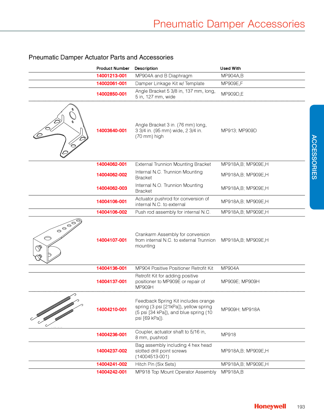 Honeywell MS4103 manual Pneumatic Damper Accessories, Pneumatic Damper Actuator Parts and Accessories 