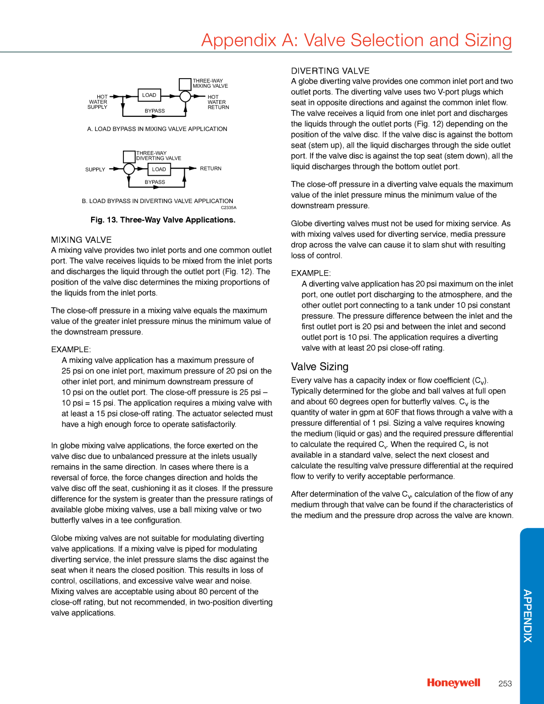 Honeywell MS4103 manual Valve Sizing, Mixing valve application has a maximum pressure, 253 