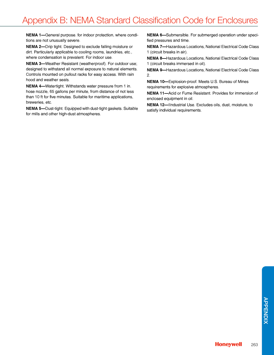 Honeywell MS4103 manual Appendix B Nema Standard Classification Code for Enclosures, 263 