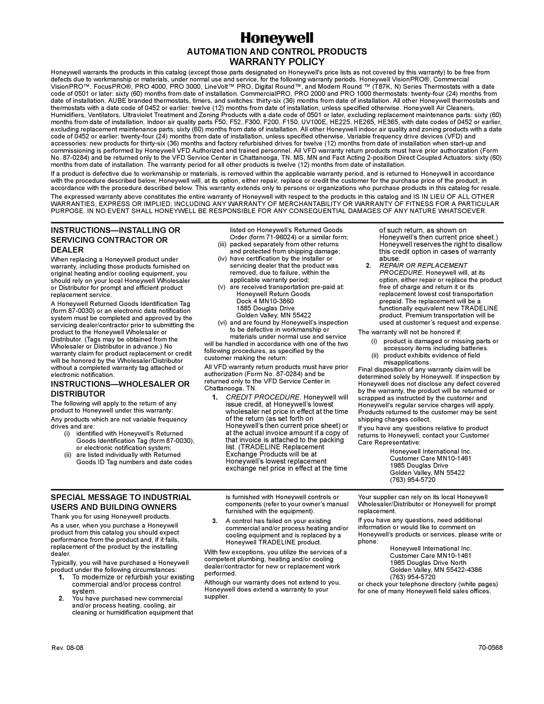 Honeywell MS4103 manual Warranty Policy 