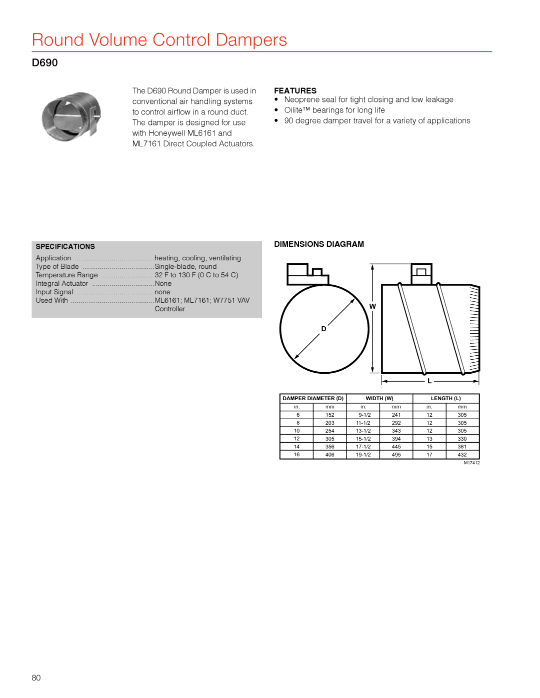 Honeywell MS4103 manual Round Volume Control Dampers, D690, Type of Blade 