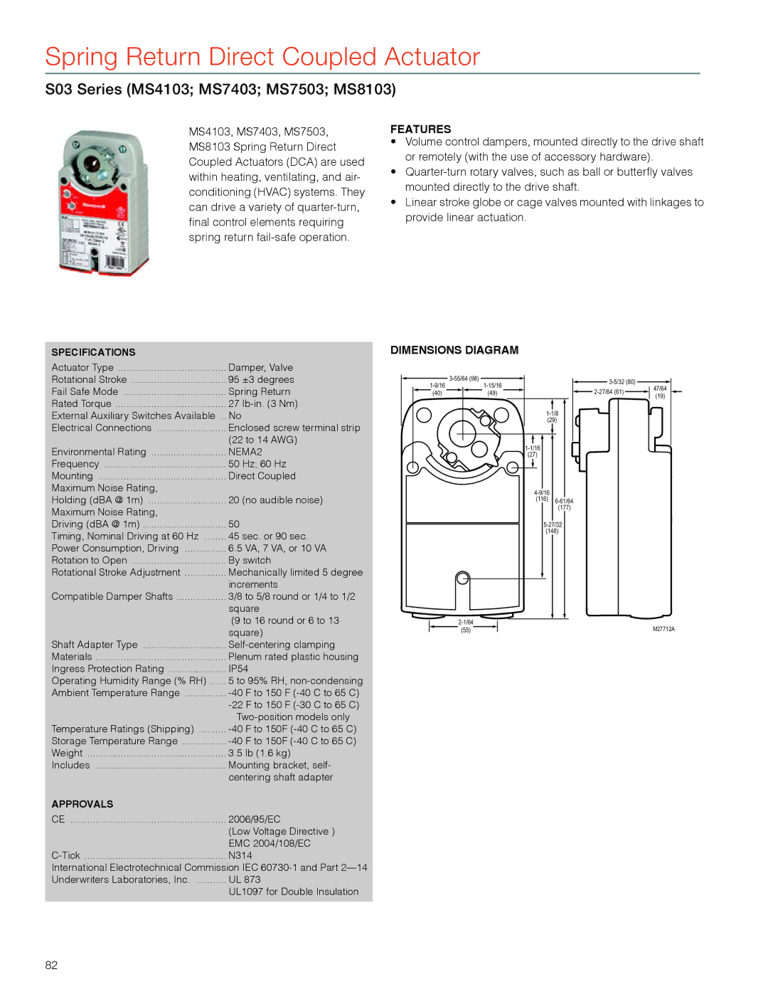 Honeywell manual Spring Return Direct Coupled Actuator, S03 Series MS4103 MS7403 MS7503 MS8103, Rated Torque 