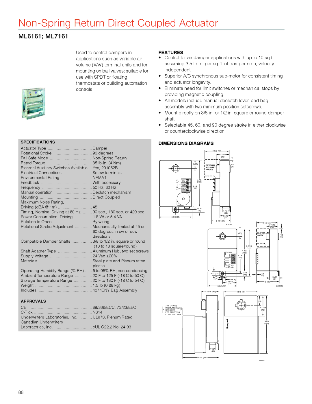 Honeywell MS4103 manual Non-Spring Return Direct Coupled Actuator, ML6161 ML7161 