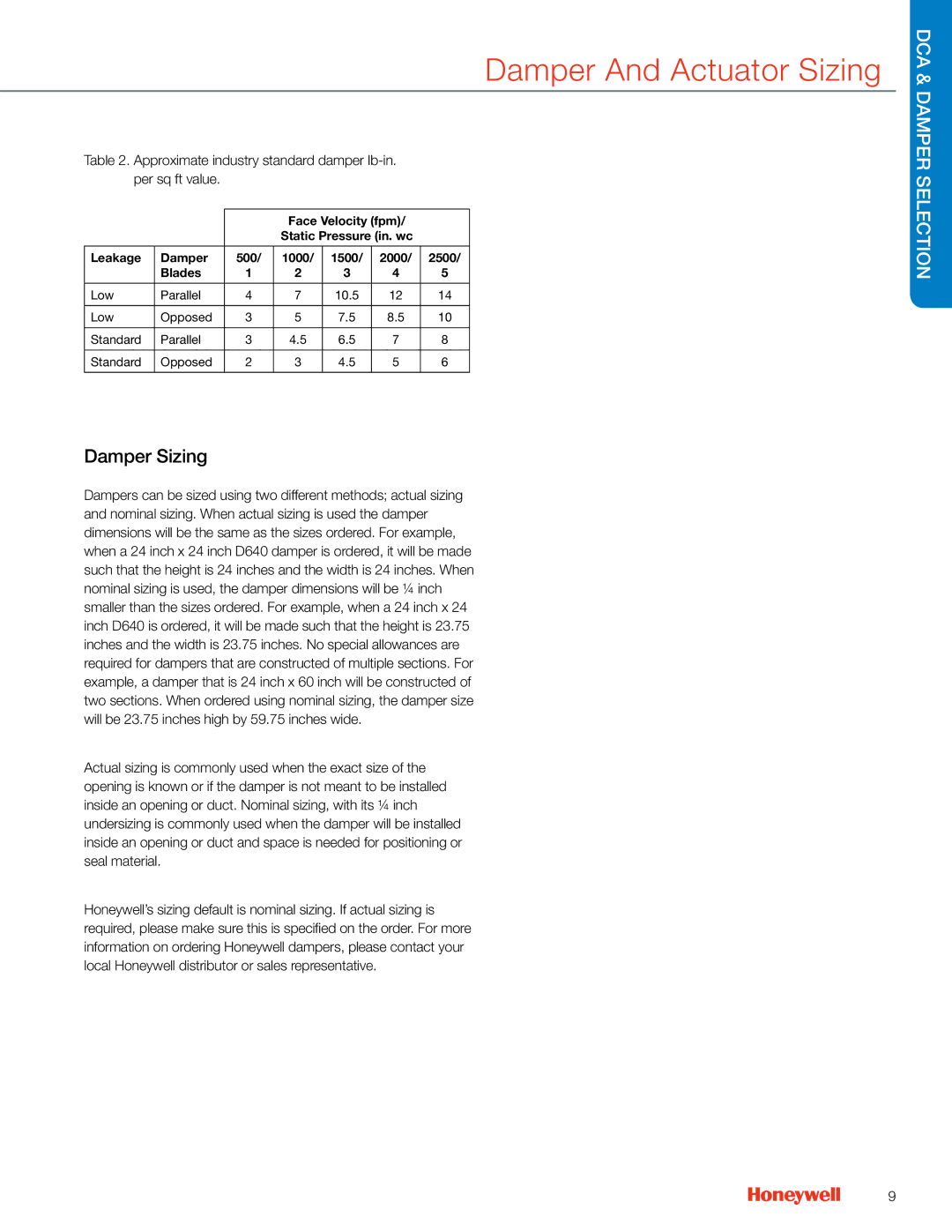 Honeywell MS4103 manual Damper Sizing, Approximate industry standard damper lb-in. per sq ft value 