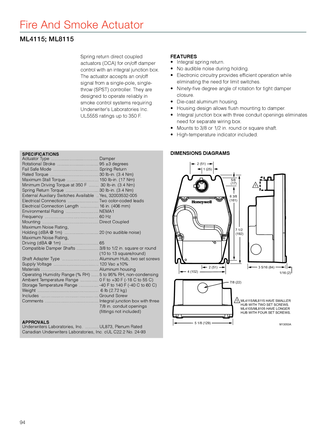 Honeywell MS4103 manual Fire And Smoke Actuator, ML4115 ML8115, Supply Voltage, Materials 