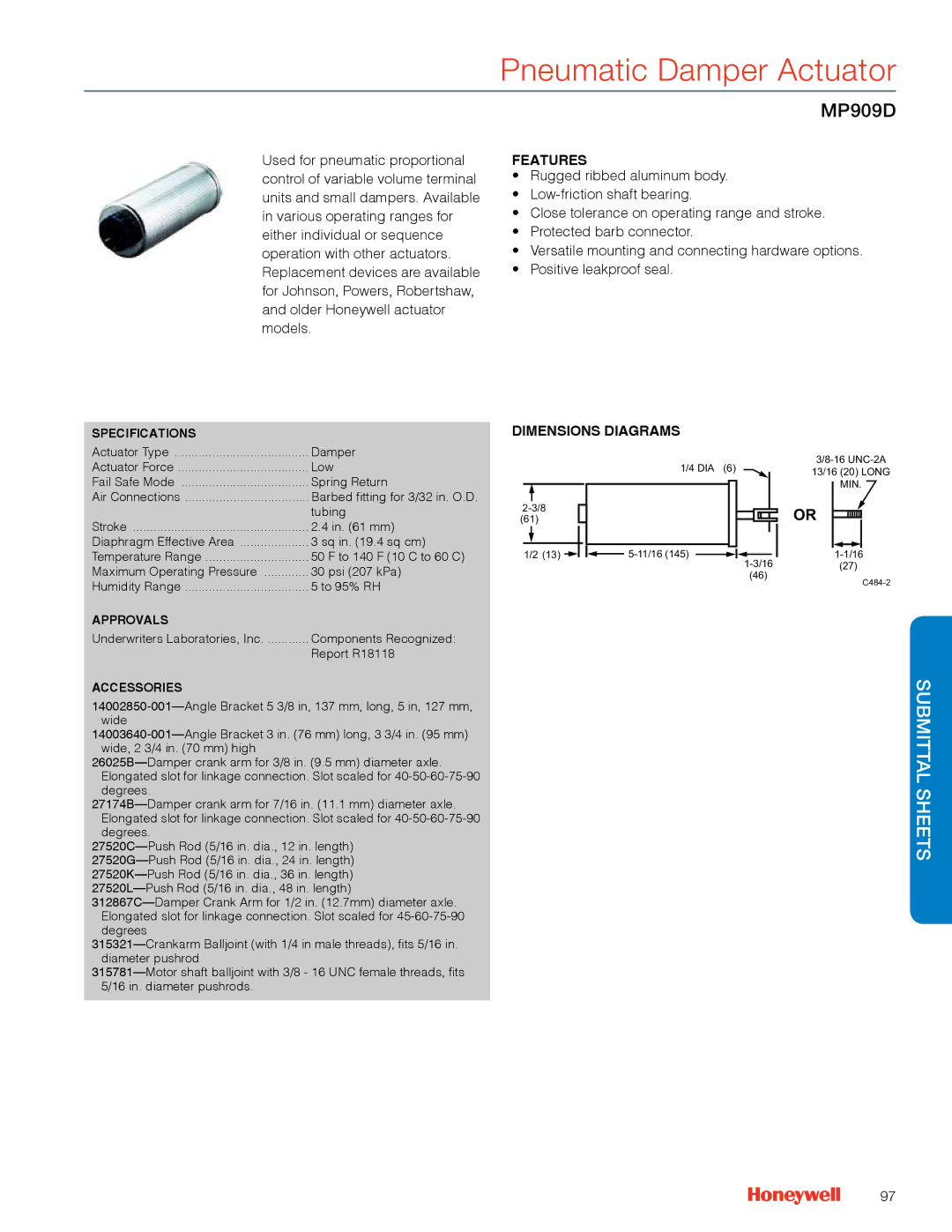 Honeywell MS4103 manual Pneumatic Damper Actuator, MP909D, Temperature Range, DIA 13 5-11/16 145 1-3/16 