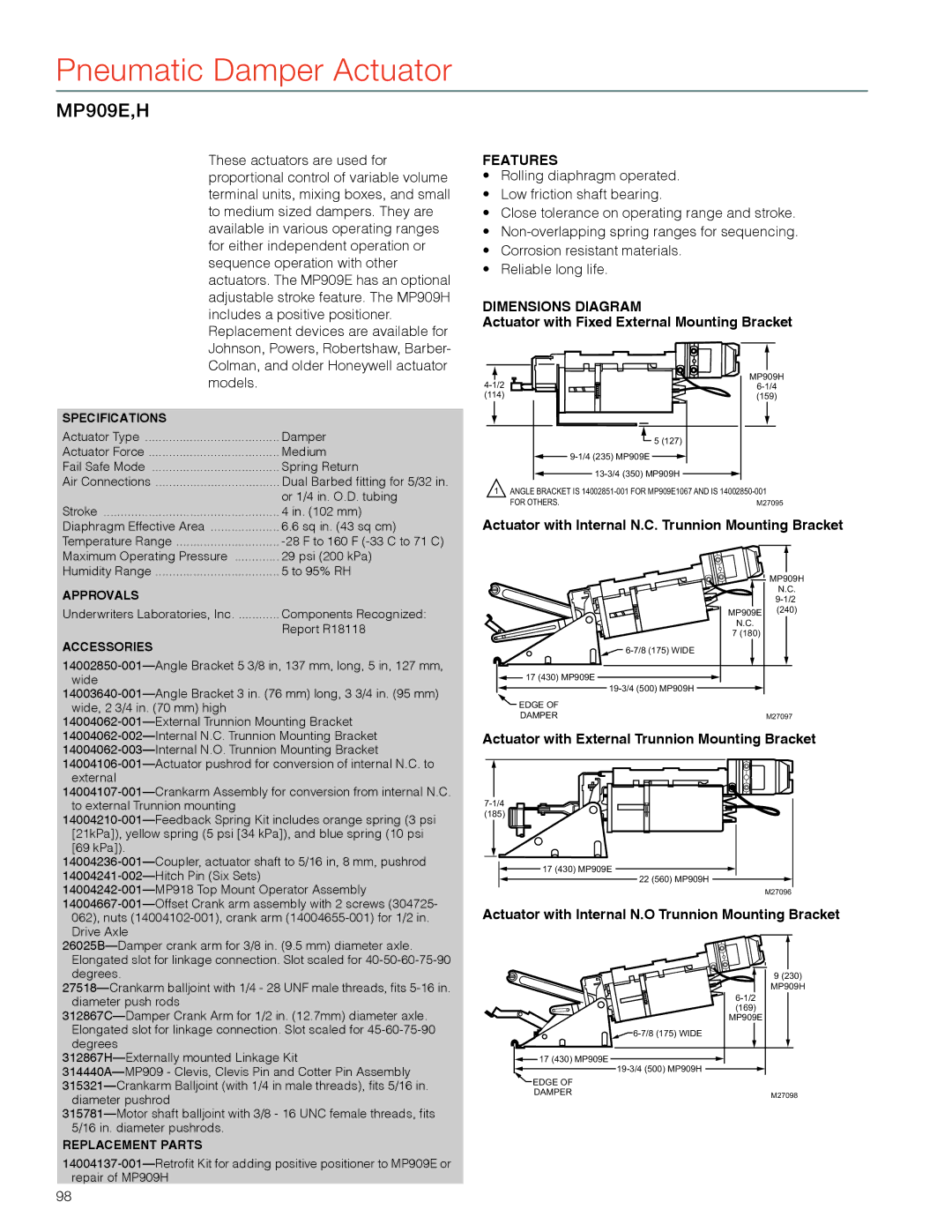 Honeywell MS4103 MP909E,H, Actuator with Fixed External Mounting Bracket, Actuator with External Trunnion Mounting Bracket 