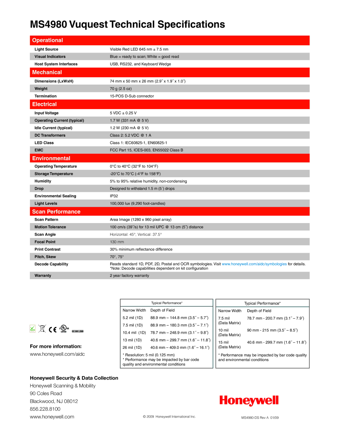 Honeywell MS4980 manual Operational, Mechanical, Electrical, Environmental, Scan Performance 