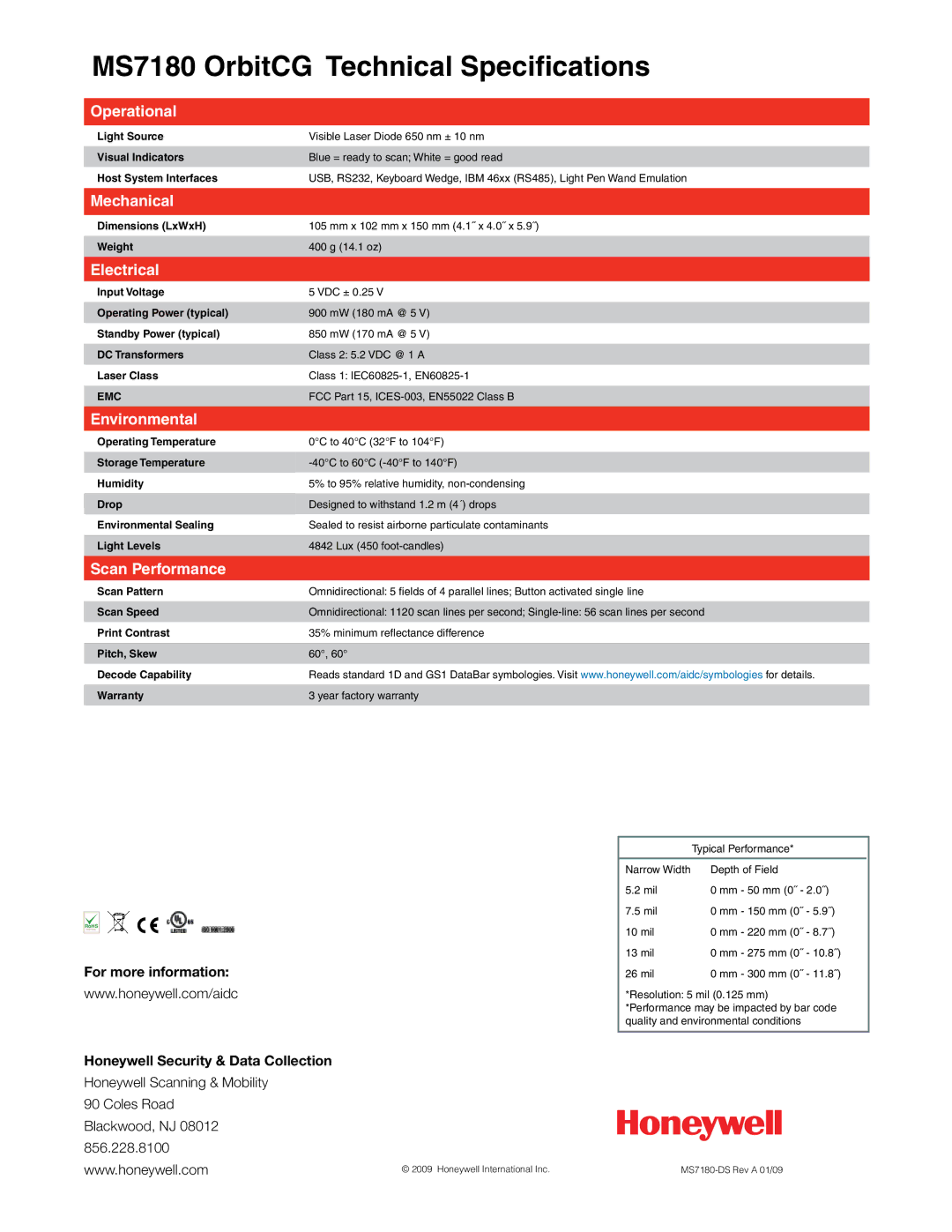 Honeywell manual MS7180 OrbitCG Technical Specifications 