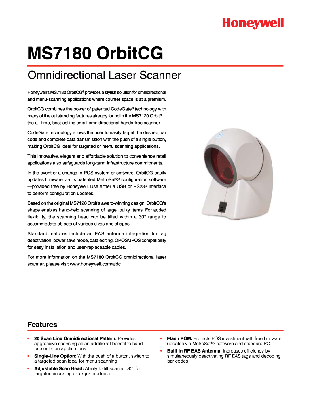 Honeywell manual MS7180 OrbitCG, Omnidirectional Laser Scanner, Features 