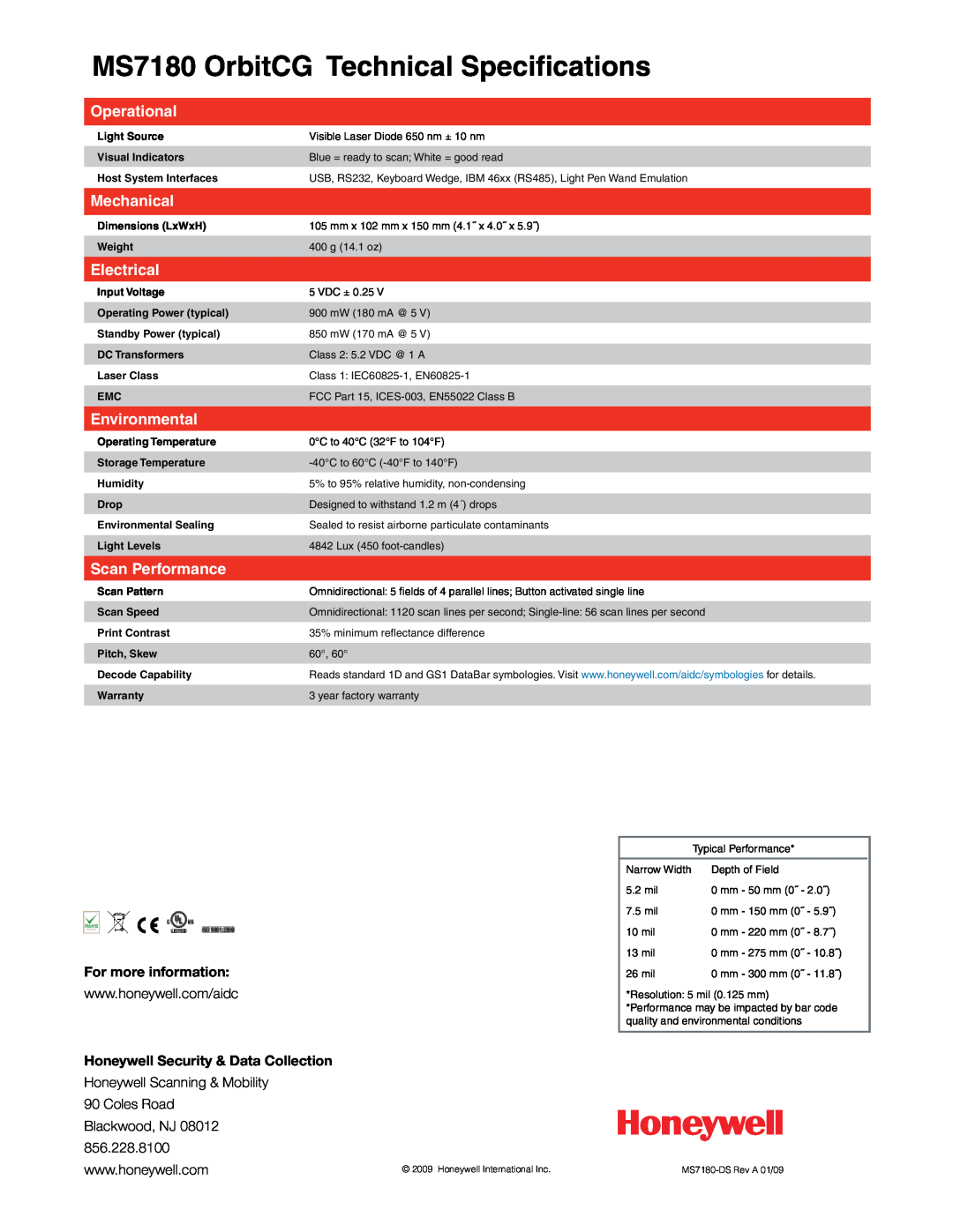 Honeywell MS7180 OrbitCG Technical Specifications, Operational, Mechanical, Electrical, Environmental, Scan Performance 