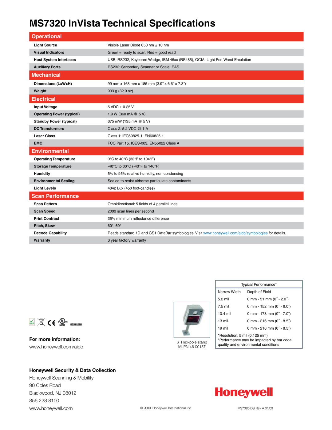 Honeywell manual MS7320 InVista Technical Specifications 