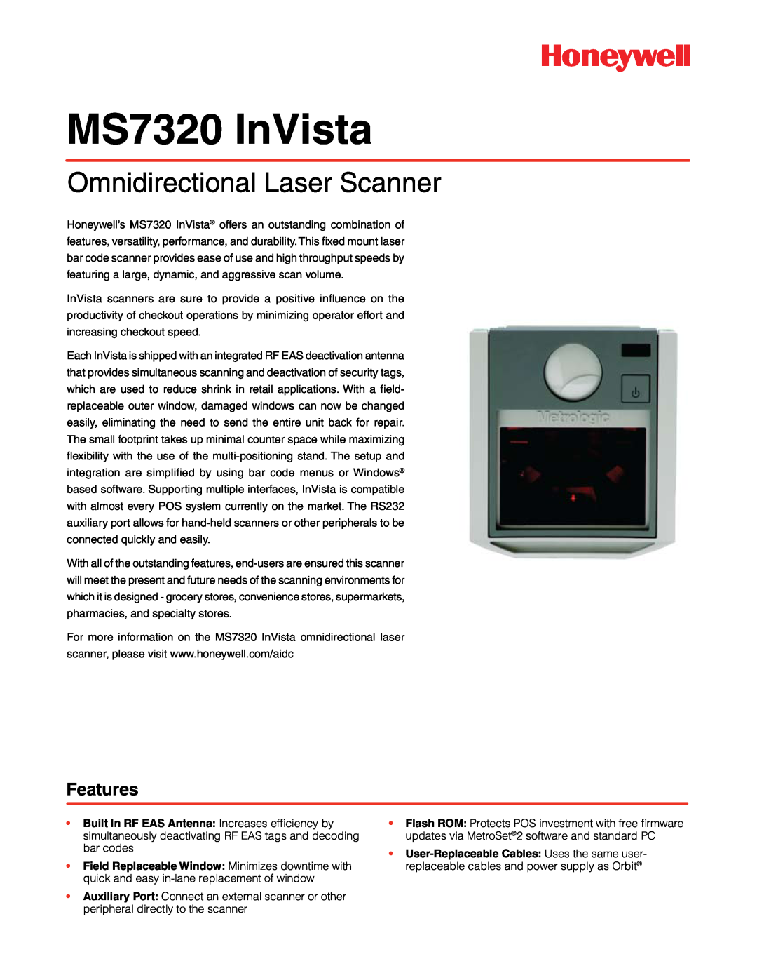 Honeywell MS7320 InVista manual Omnidirectional Laser Scanner, Features 