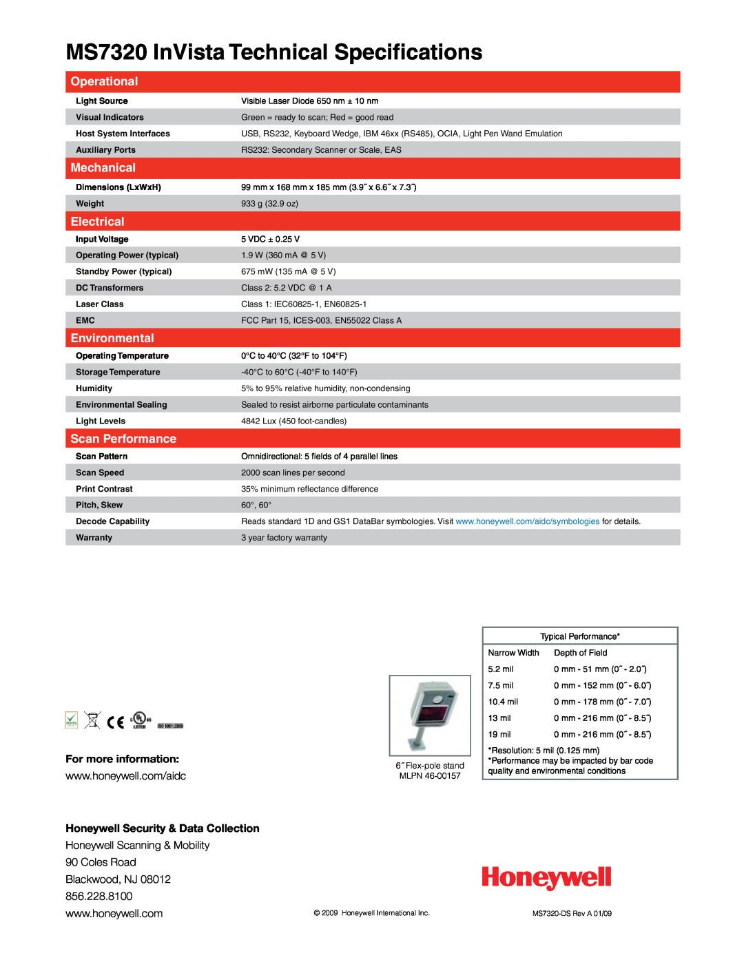 Honeywell MS7320 InVista Technical Specifications, Operational, Mechanical, Electrical, Environmental, Scan Performance 