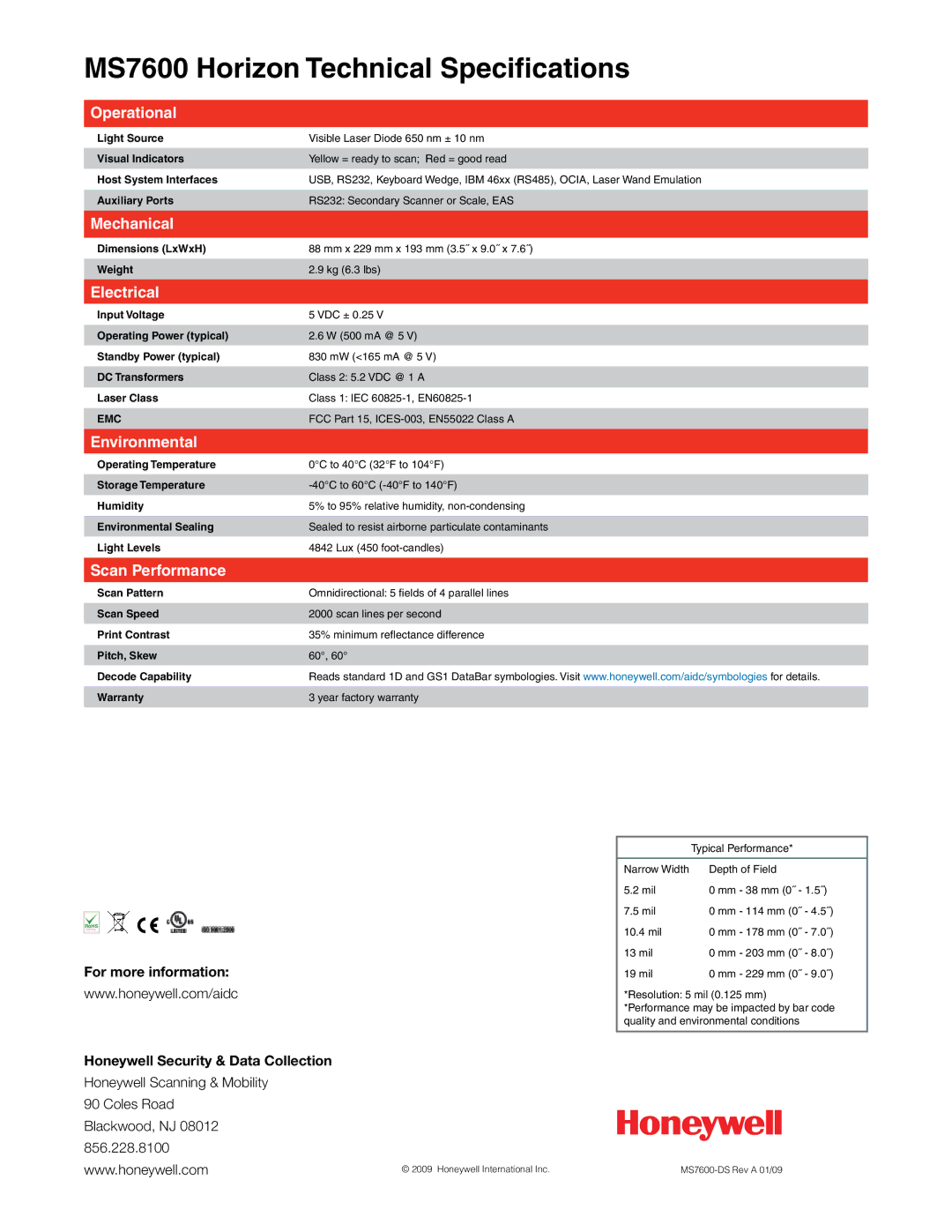 Honeywell manual MS7600 Horizon Technical Specifications 