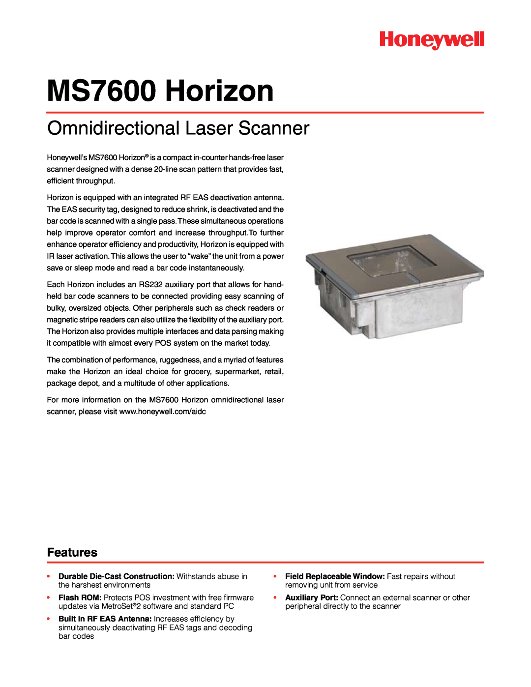 Honeywell manual MS7600 Horizon, Omnidirectional Laser Scanner, Features 