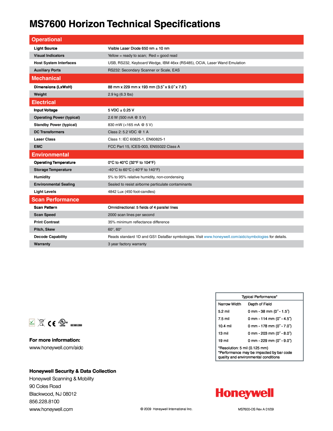 Honeywell MS7600 Horizon Technical Specifications, Operational, Mechanical, Electrical, Environmental, Scan Performance 