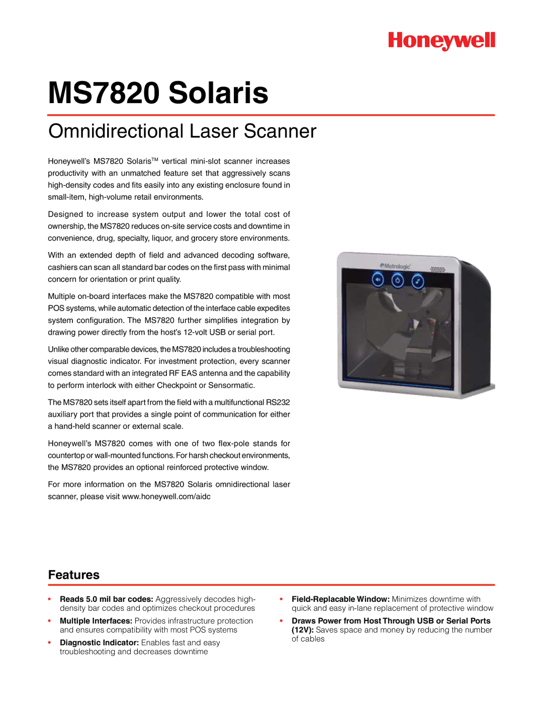 Honeywell MS7820 manual Field-Replacable Window Minimizes downtime with, Draws Power from Host Through USB or Serial Ports 