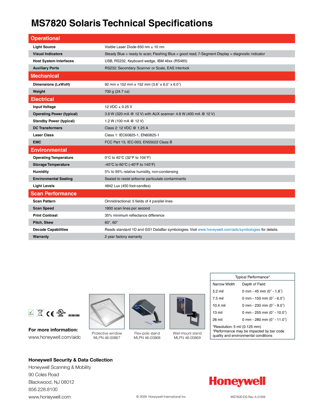 Honeywell MS7820 manual Operational, Mechanical, Electrical, Environmental, Scan Performance 