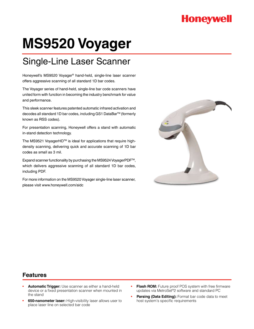 Honeywell MS9520 Voyager manual Single-Line Laser Scanner, Features 