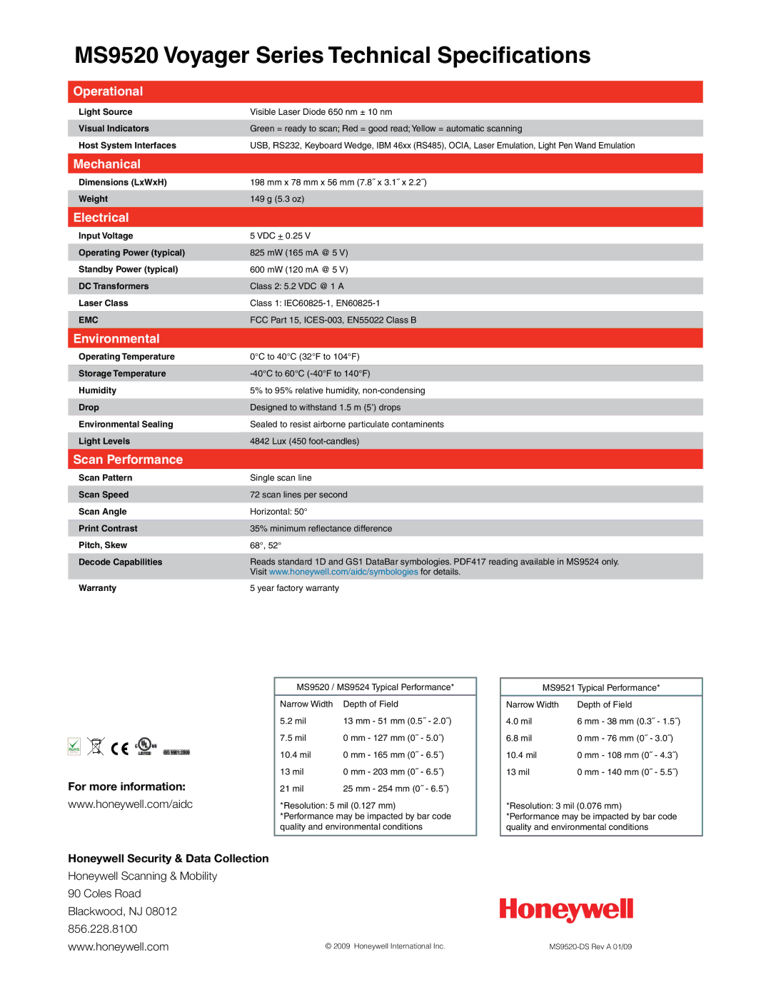 Honeywell manual MS9520 Voyager Series Technical Specifications 