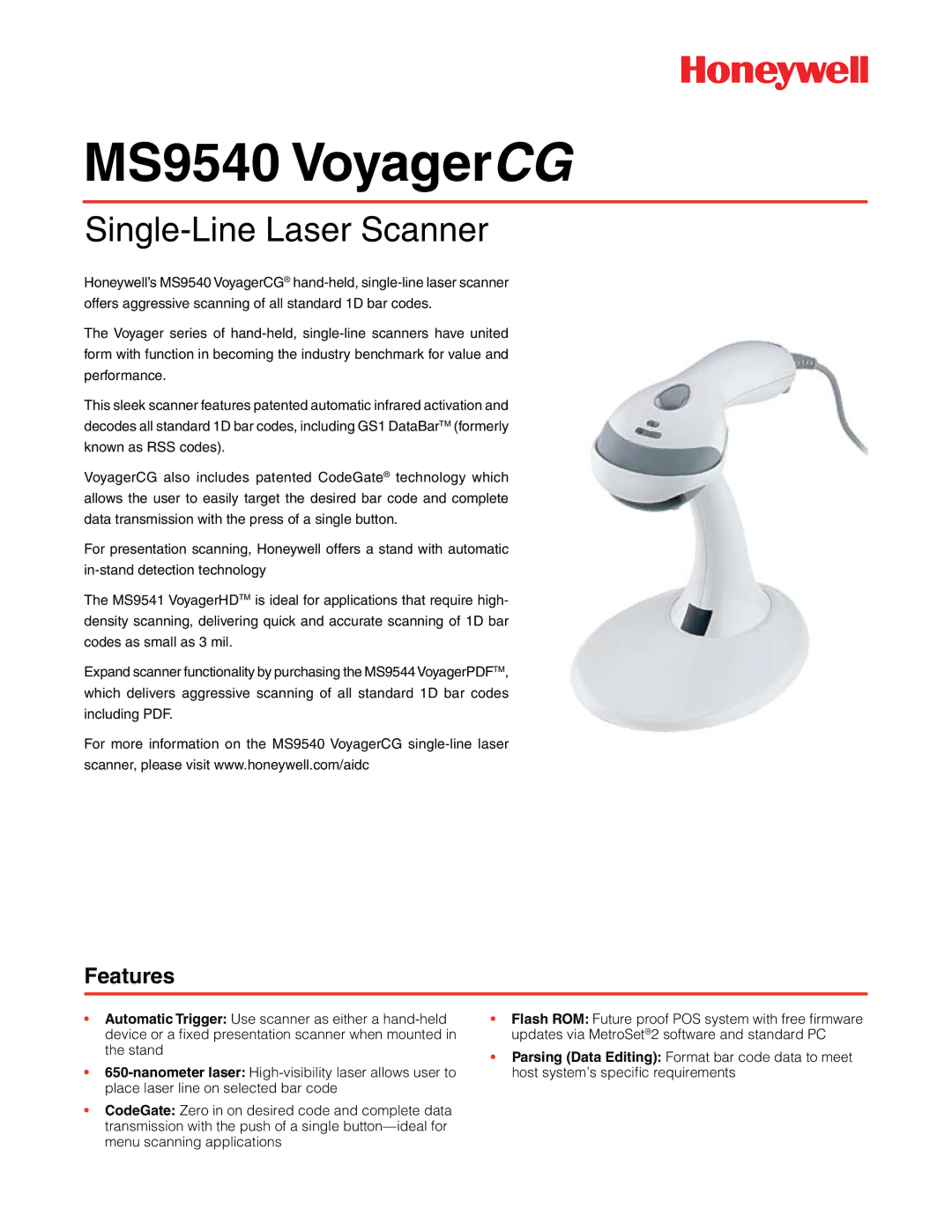 Honeywell manual MS9540 VoyagerCG, Single-Line Laser Scanner, Features 